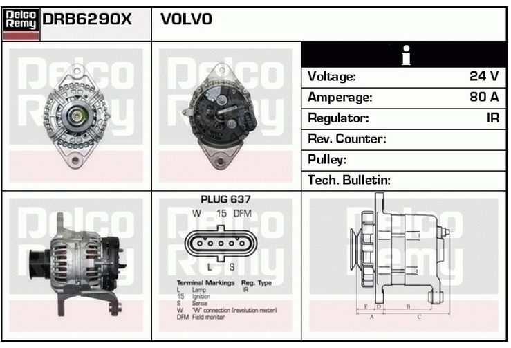 Генератор 28V 80A Volvo/RENAULT  (свежие модели а/м) со шкивом DRB6290X